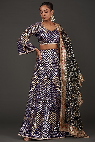 Electric Blue Net Patchwork Embroidered Lehenga Set by kunwarani ritu