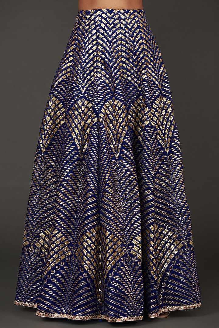 Electric Blue Net Patchwork Embroidered Wedding Lehenga Set by kunwarani ritu at Pernia's Pop Up Shop