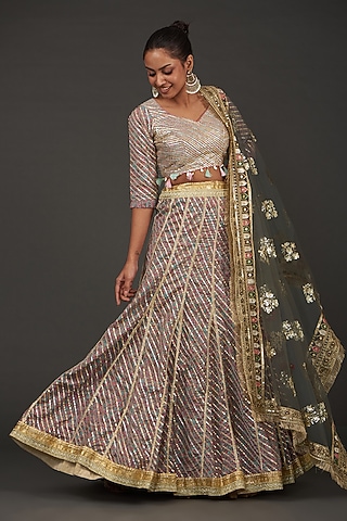 Green Cotton Gota Embroidered Lehenga Set by kunwarani ritu
