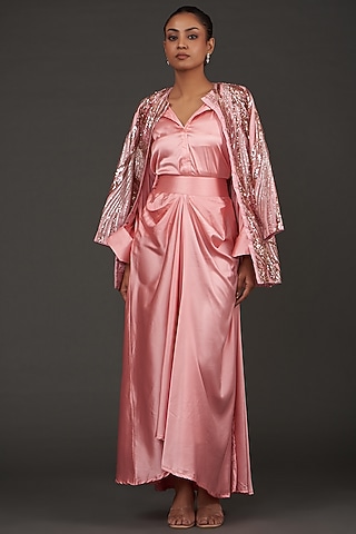 Pink Satin Sequins Embroidered Jacket Set by kunwarani ritu