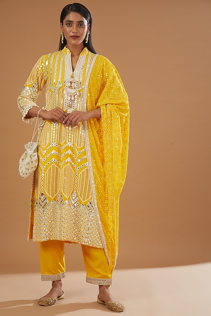 Yellow Georgette Embroidered Kurta Set by kunwarani ritu at Pernia's Pop Up Shop