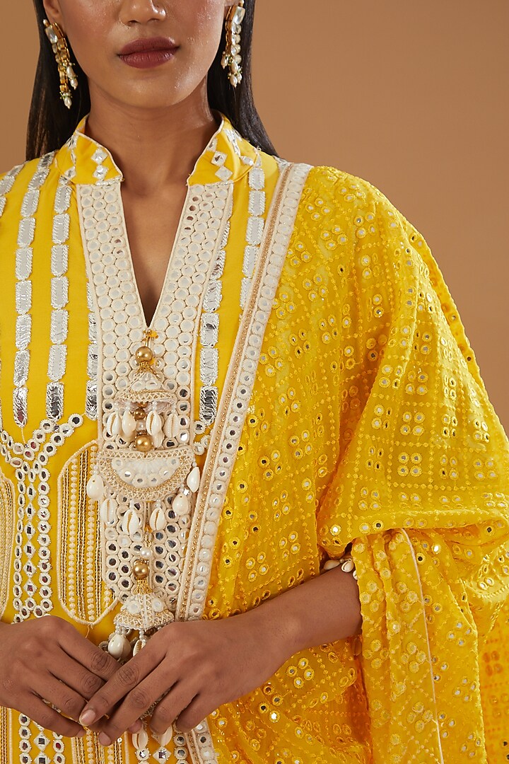 Yellow Georgette Embroidered Kurta Set by kunwarani ritu at Pernia's Pop Up Shop
