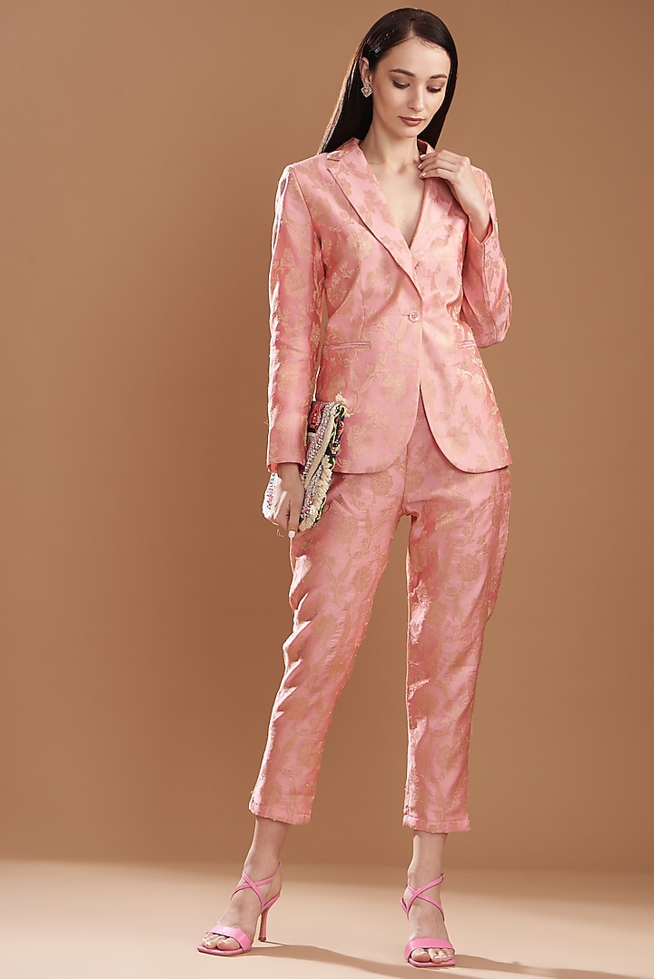 Blush Pink Brocade Jacket Set by kunwarani ritu