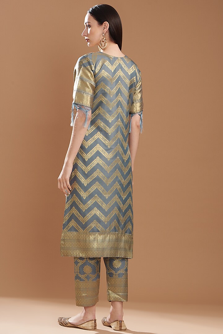 Grey Banarasi Silk Embroidered Kurta Set by kunwarani ritu at Pernia's Pop Up Shop