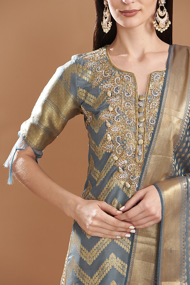 Grey Banarasi Silk Embroidered Kurta Set by kunwarani ritu at Pernia's Pop Up Shop