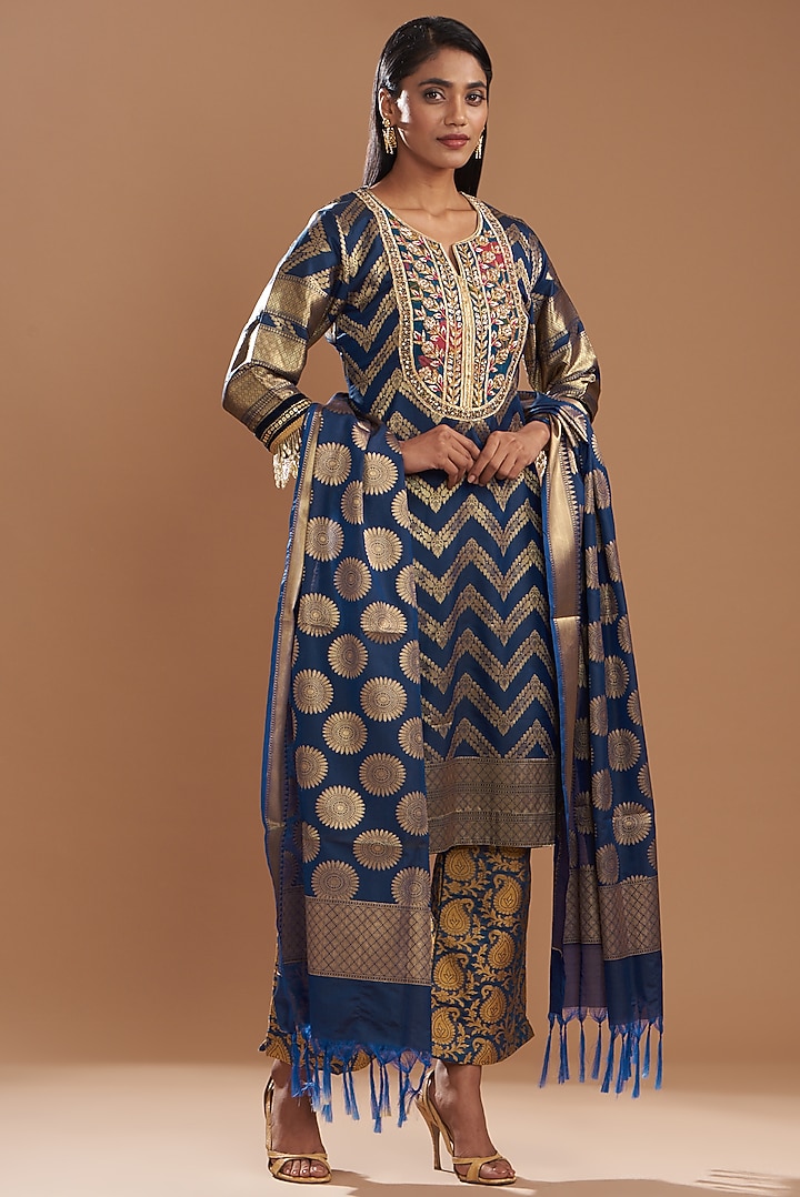 Cobalt Blue Banarasi Embroidered Kurta Set by kunwarani ritu at Pernia's Pop Up Shop