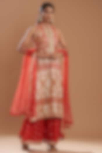 Red Georgette Embroidered Wedding Sharara Set by kunwarani ritu at Pernia's Pop Up Shop