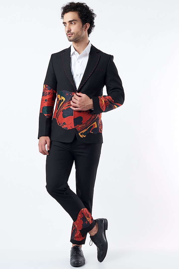 Black & Red Color-Blocked Blazer Set by Krish Sanghvi