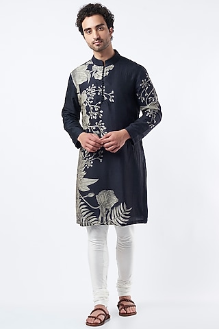 Black Floral Printed Kurta Set by Krish Sanghvi