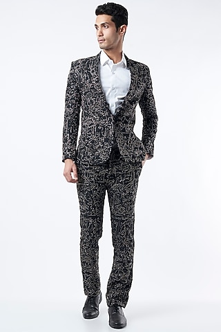 Black Embroidered Blazer Set by Krish Sanghvi