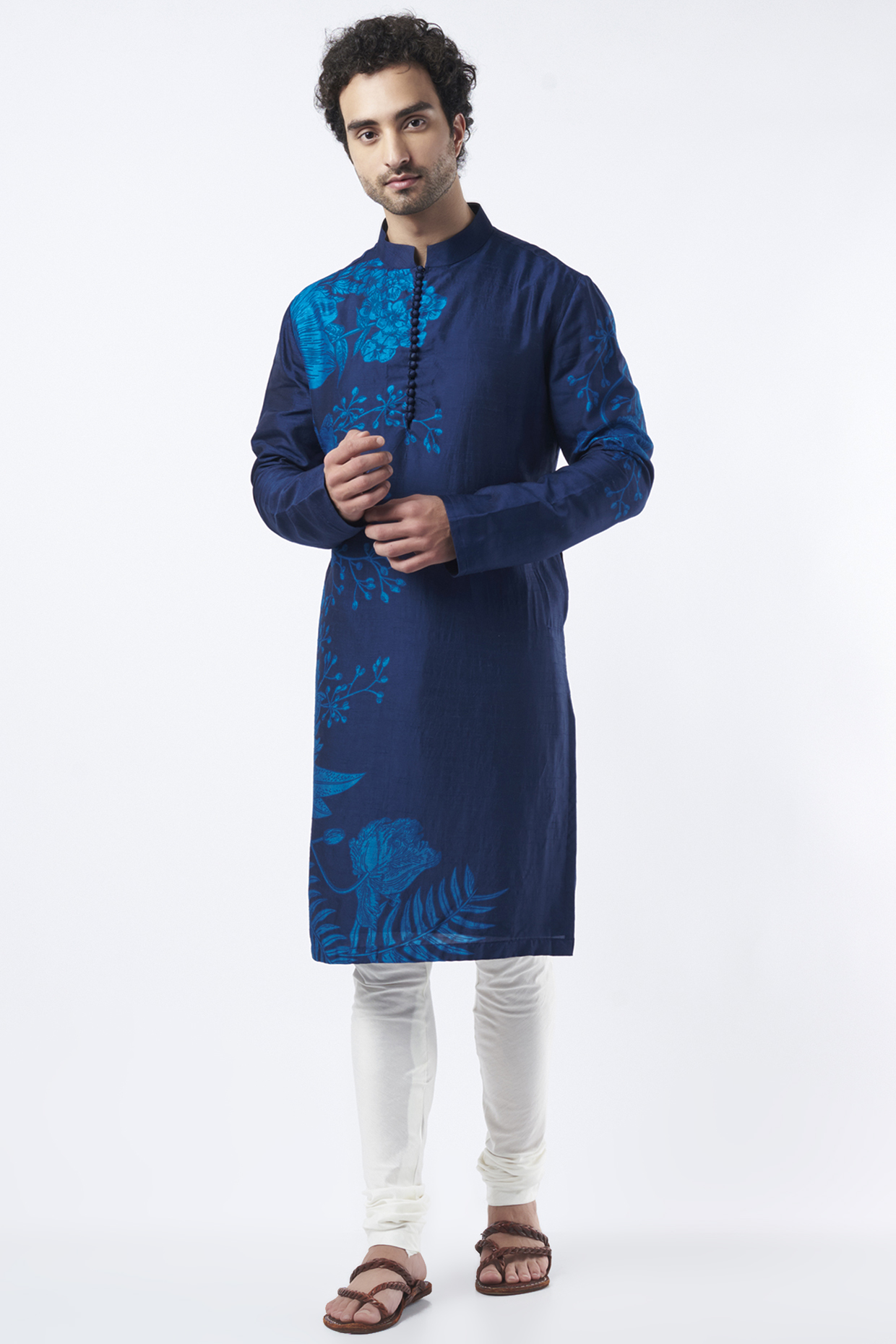 Navy Blue Floral Printed Kurta Set by Krish Sanghvi at Pernia's Pop Up Shop