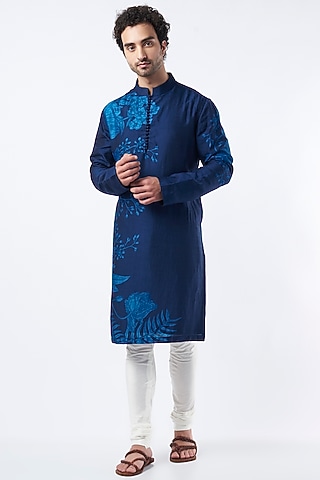 Navy Blue Floral Printed Kurta Set by Krish Sanghvi