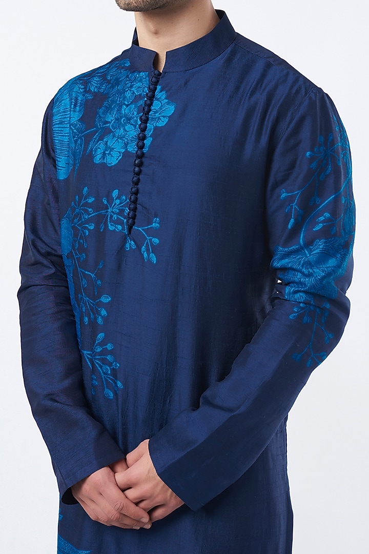 Navy Blue Floral Printed Kurta Set by Krish Sanghvi at Pernia's Pop Up Shop