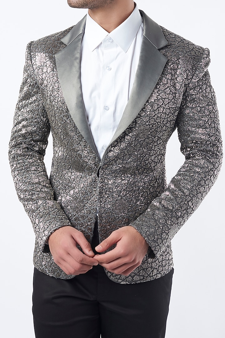 Grey Embroidered Blazer by Krish Sanghvi at Pernia's Pop Up Shop