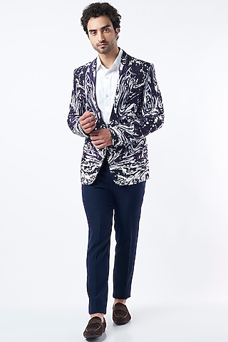 Blue Printed Blazer by Krish Sanghvi