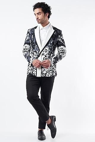 Black & Grey Digital Printed Blazer by Krish Sanghvi
