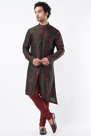 Green & Maroon Silk Printed Kurta Set by Krish Sanghvi