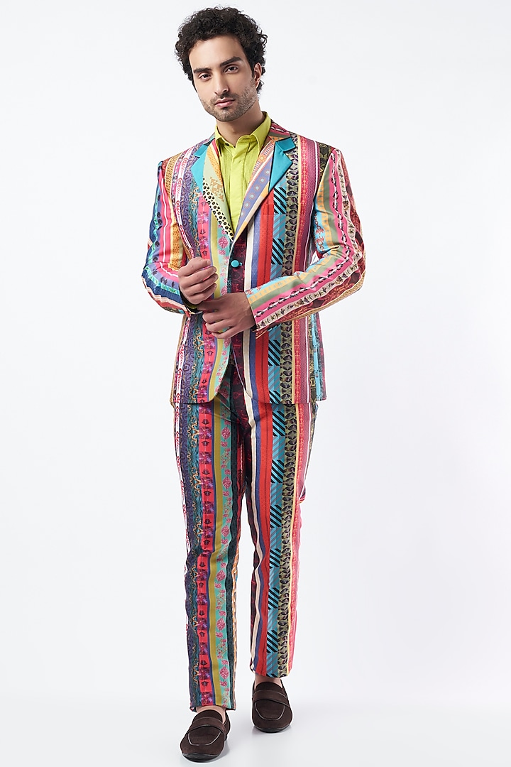 Multi-Coloured Striped Blazer Set by Krish Sanghvi