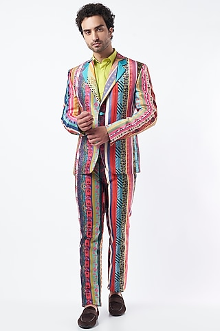 Multi-Coloured Striped Blazer Set by Krish Sanghvi