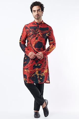 Red Silk Printed Kurta Set by Krish Sanghvi