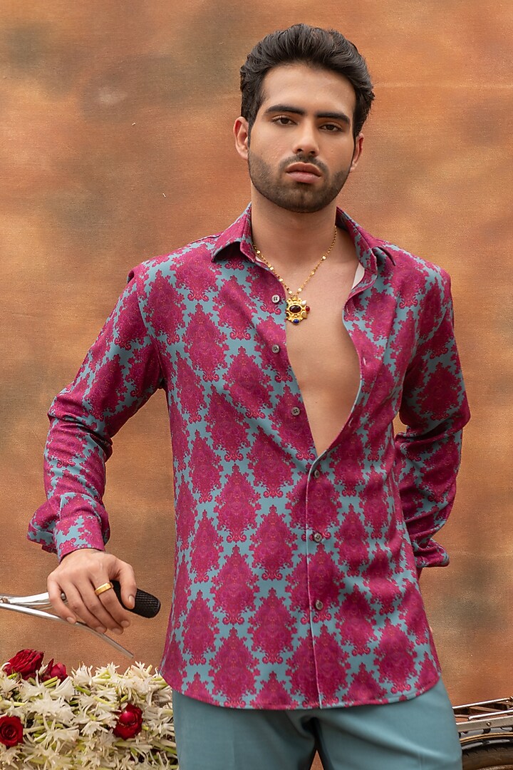 Pink & Teal Blue Volvo Paisley Printed Party Wear Shirt by Krish Sanghvi at Pernia's Pop Up Shop