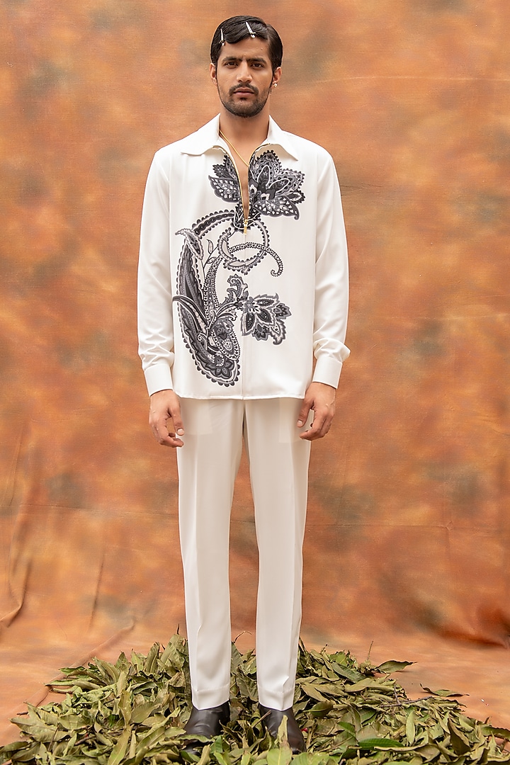 White Volvo Paisley Printed Zipper Shirt by Krish Sanghvi