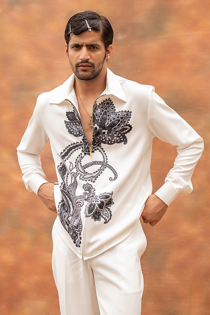 White Volvo Paisley Printed Zipper Party Wear Shirt by Krish Sanghvi at Pernia's Pop Up Shop