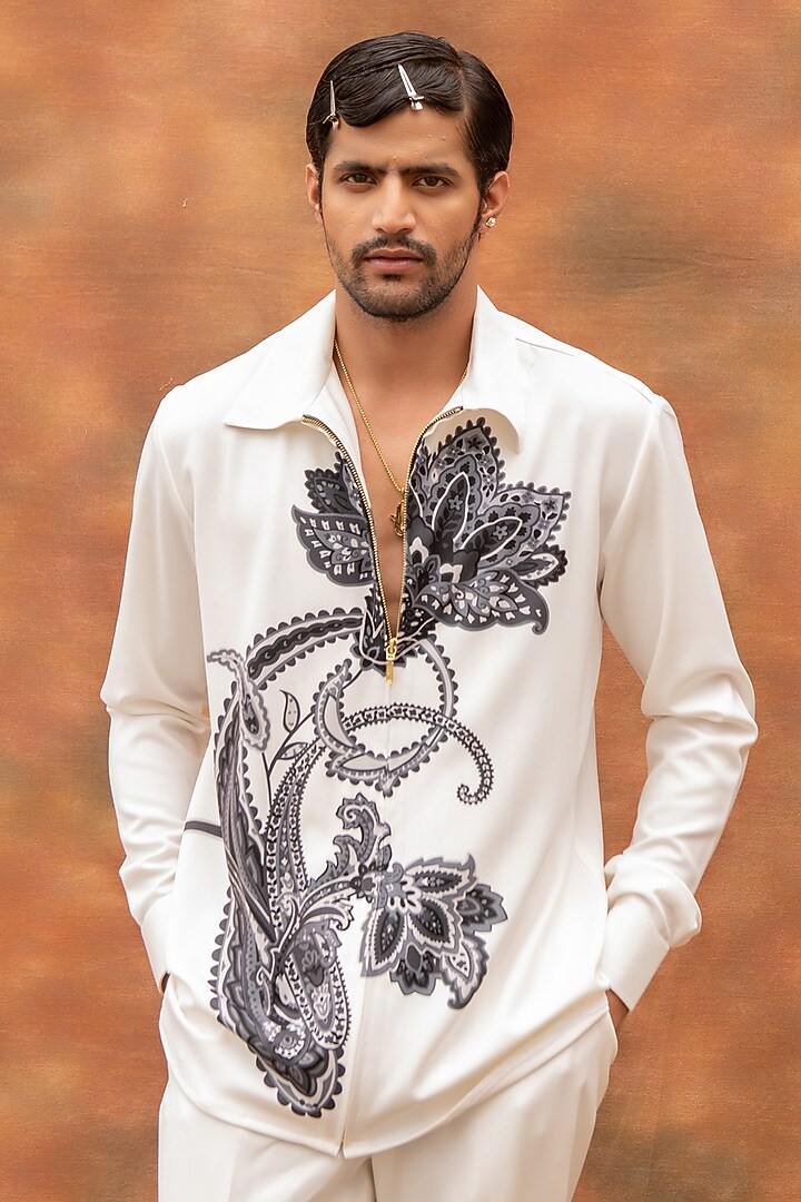 White Volvo Paisley Printed Zipper Party Wear Shirt by Krish Sanghvi at Pernia's Pop Up Shop