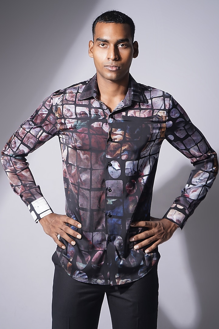 Black Leena Silk Renaissance Printed Shirt by Krish Sanghvi