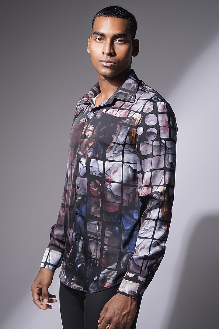 Black Leena Silk Renaissance Printed Party Wear Shirt by Krish Sanghvi at Pernia's Pop Up Shop