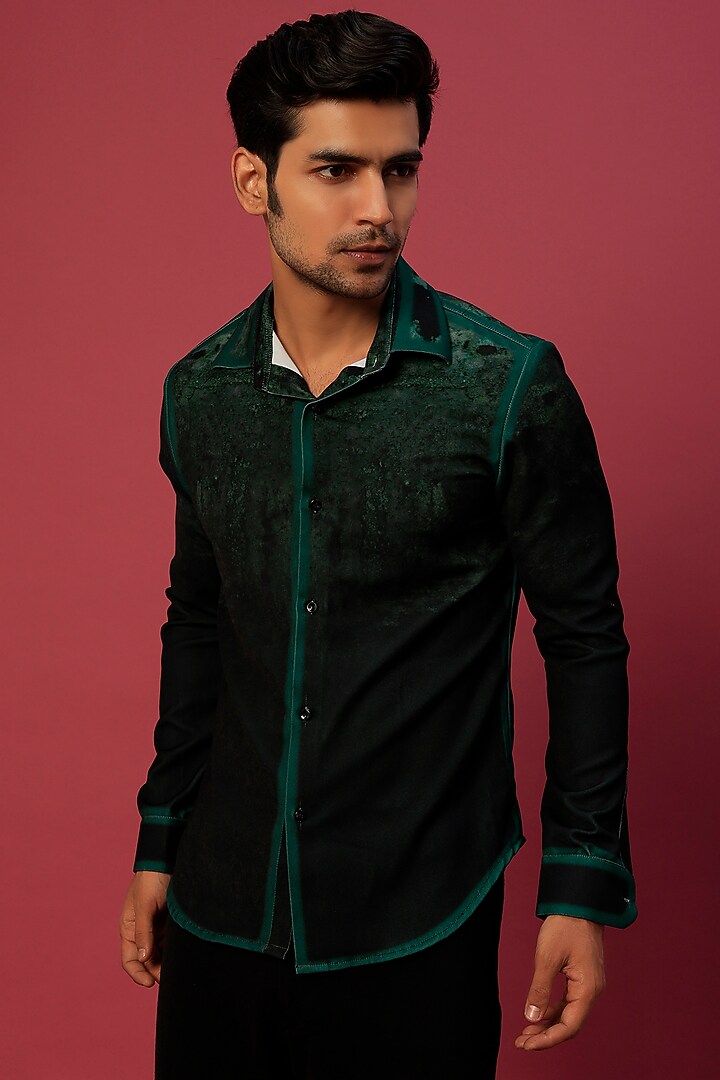 Green Volvo Stripe Printed Ombre Party Wear Shirt by Krish Sanghvi at Pernia's Pop Up Shop