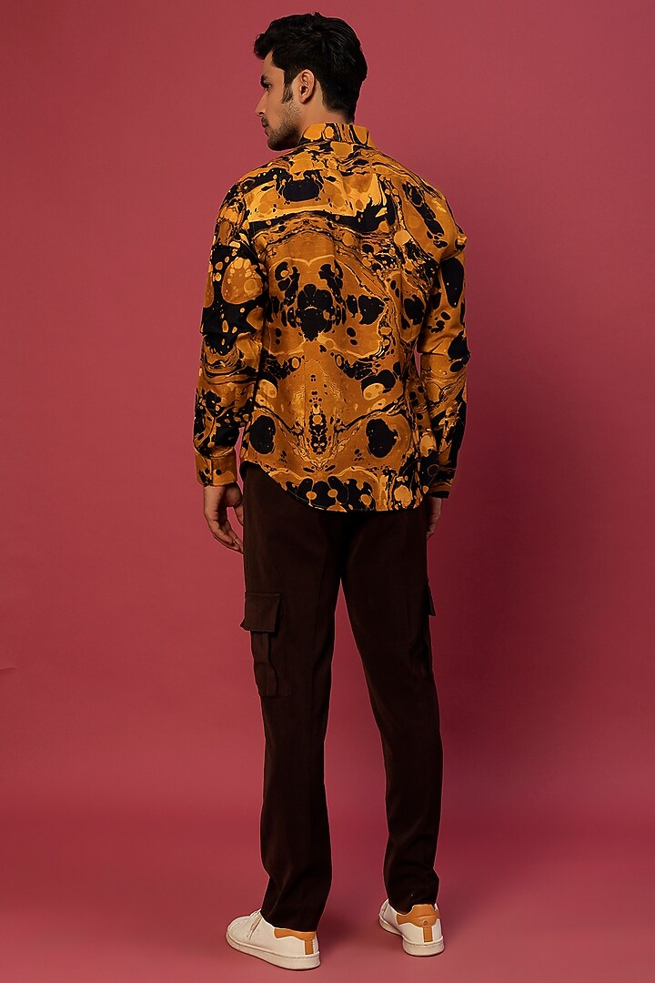 Mustard Linen Digital Printed Party Wear Shirt by Krish Sanghvi at Pernia's Pop Up Shop