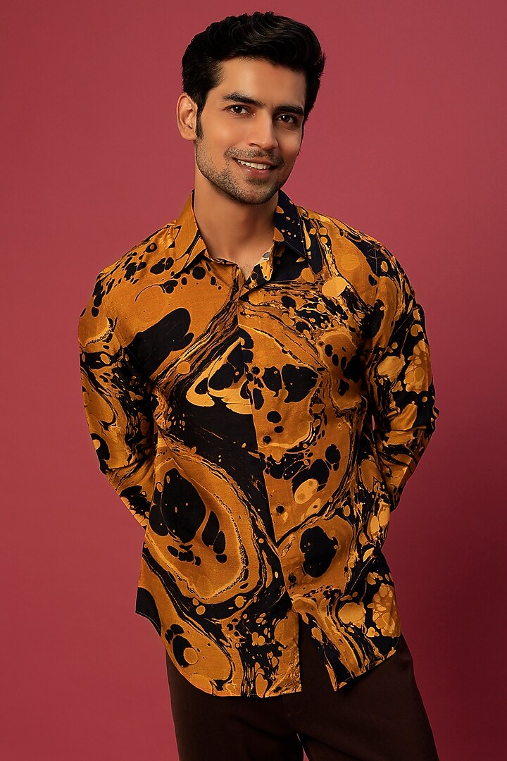 Mustard Linen Digital Printed Party Wear Shirt by Krish Sanghvi at Pernia's Pop Up Shop