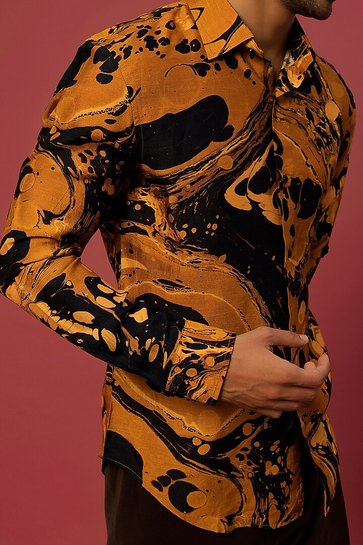 Mustard Linen Digital Printed Party Wear Shirt by Krish Sanghvi at Pernia's Pop Up Shop