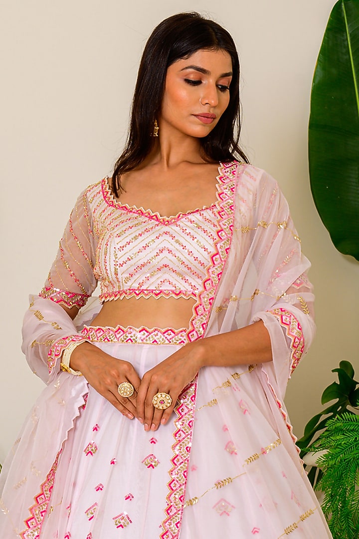 Icy Pink Hand Embroidered Wedding Lehenga Set by Kritika kataria at Pernia's Pop Up Shop