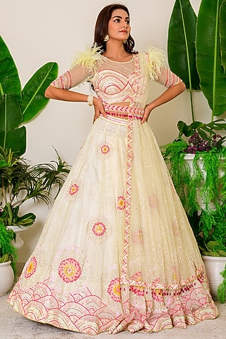 Icy Pink & Lemon Yellow Embroidered Lehenga Set by Kritika kataria