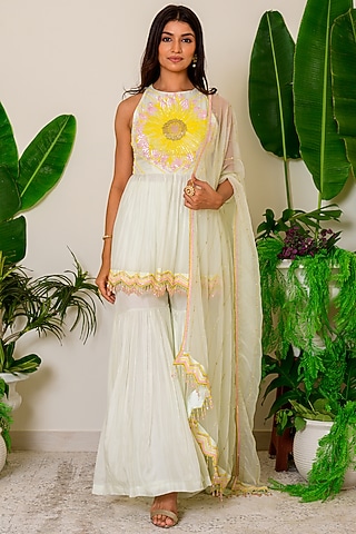 Milky Green Silk Sharara Set by Kritika kataria