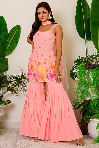 Peach Pearl Crepe Sharara Set by Kritika kataria
