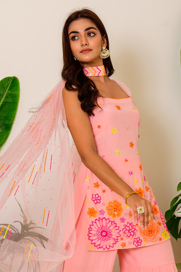 Peach Pearl Crepe Wedding Sharara Set by Kritika kataria at Pernia's Pop Up Shop