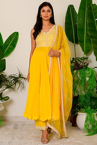 Vibrant Yellow Embroidered Anarkali Set by Kritika kataria