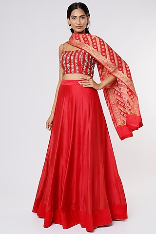 Red Chanderi Lehenga Set  by Krupa Kapadia