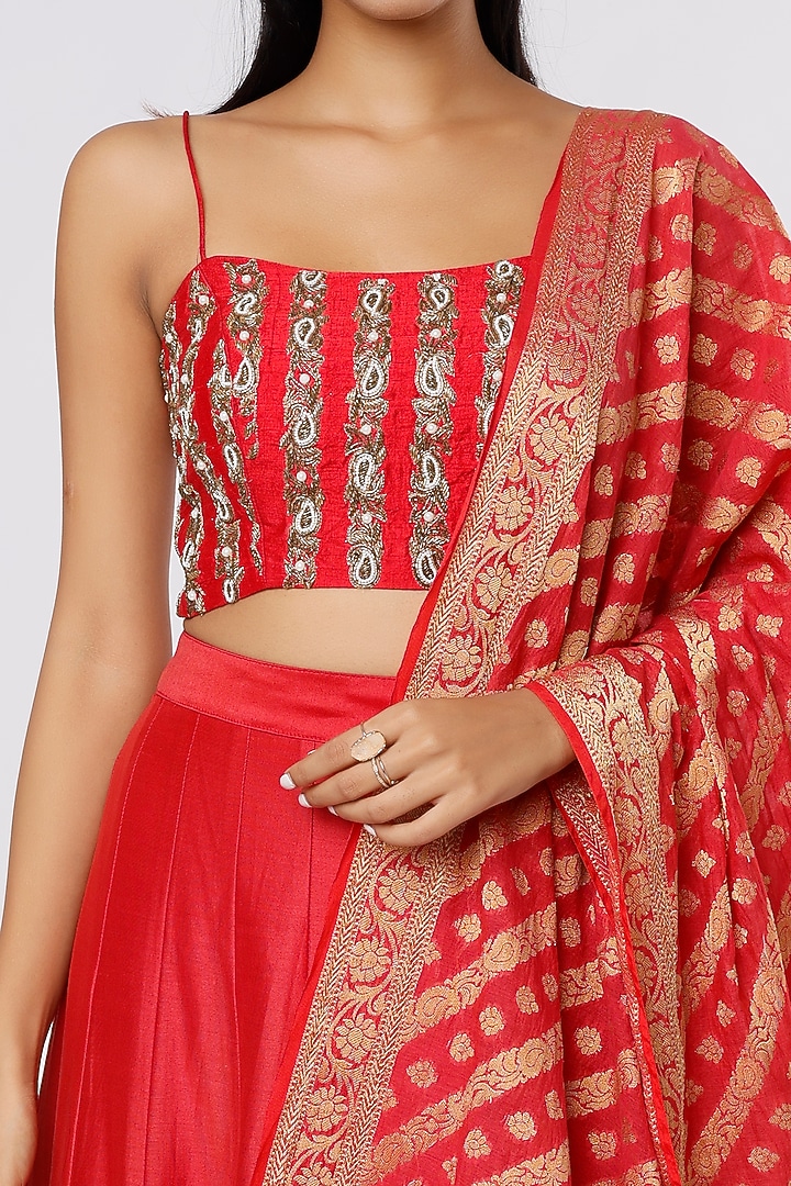 Red Chanderi Wedding Lehenga Set by Krupa Kapadia at Pernia's Pop Up Shop
