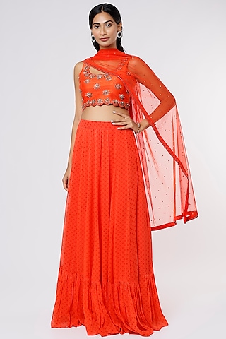 Red Printed Lehenga Set  by Krupa Kapadia