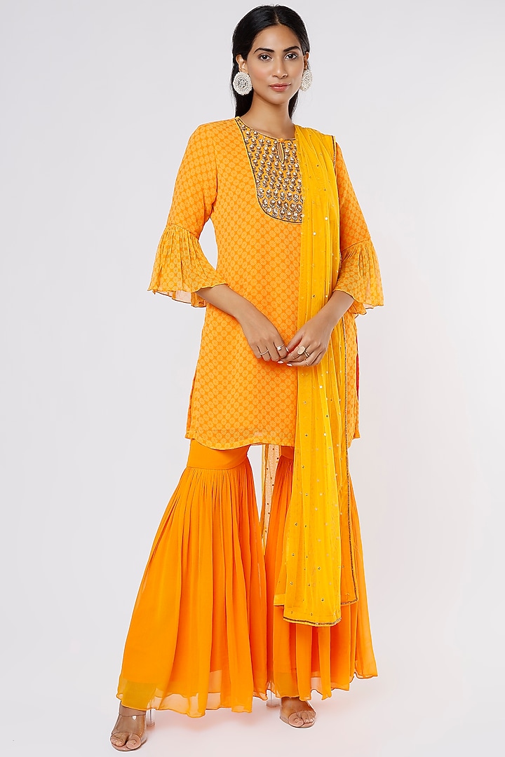 Yellow Orange Georgette Party Wear Sharara Set  by Krupa Kapadia at Pernia's Pop Up Shop