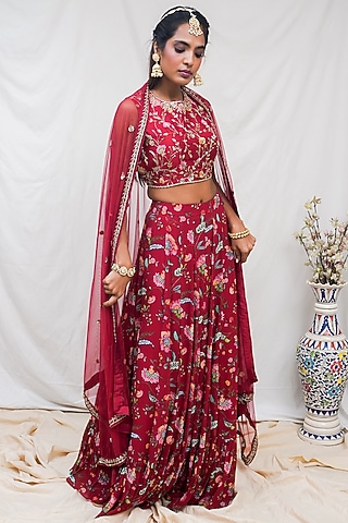 Deep Red Floral Printed Lehenga Set by Krupa Kapadia