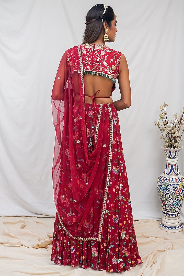 Deep Red Floral Printed Wedding Lehenga Set by Krupa Kapadia at Pernia's Pop Up Shop