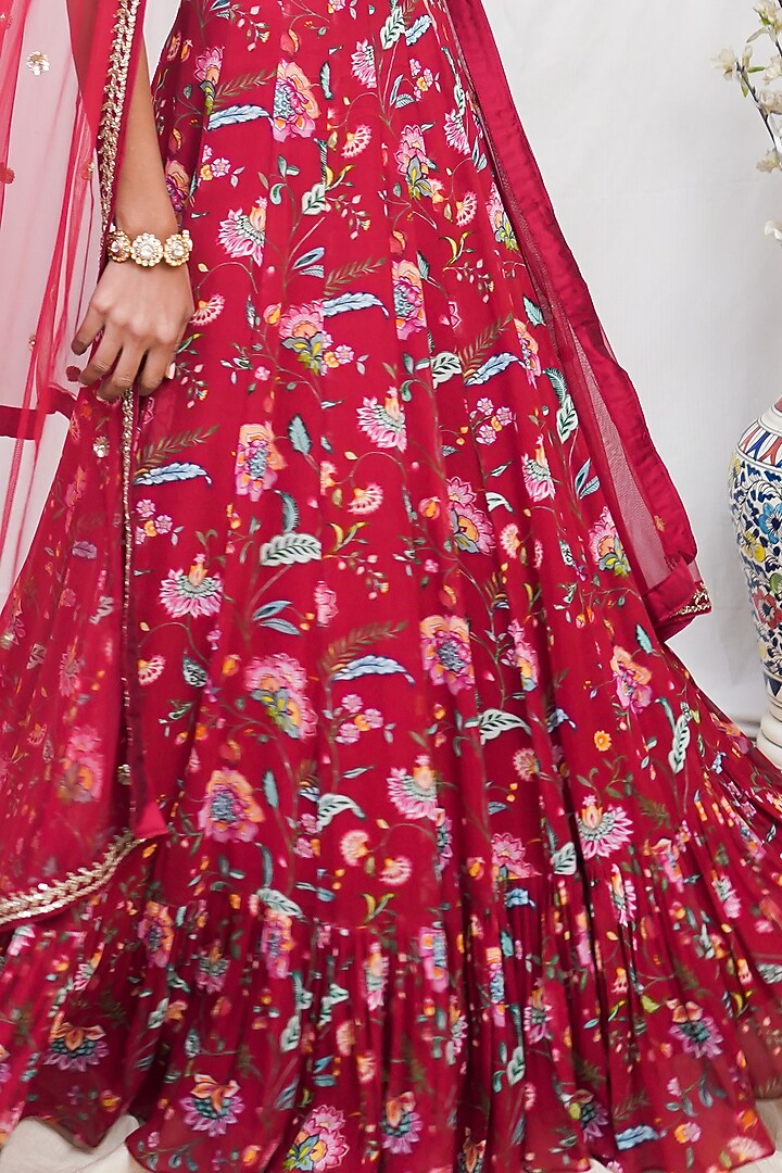 Deep Red Floral Printed Wedding Lehenga Set by Krupa Kapadia at Pernia's Pop Up Shop