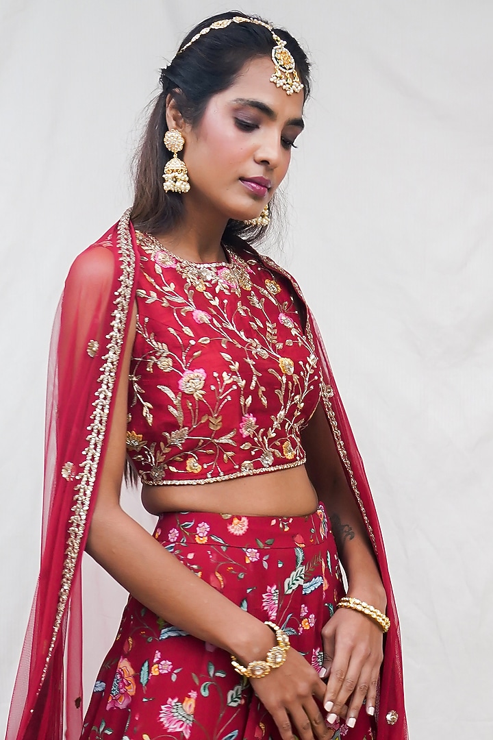 Deep Red Floral Printed Wedding Lehenga Set by Krupa Kapadia at Pernia's Pop Up Shop