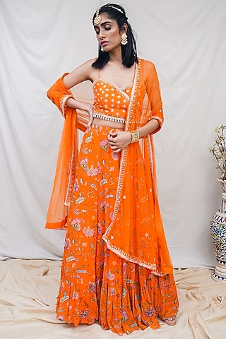 Orange Floral Printed Lehenga Set by Krupa Kapadia