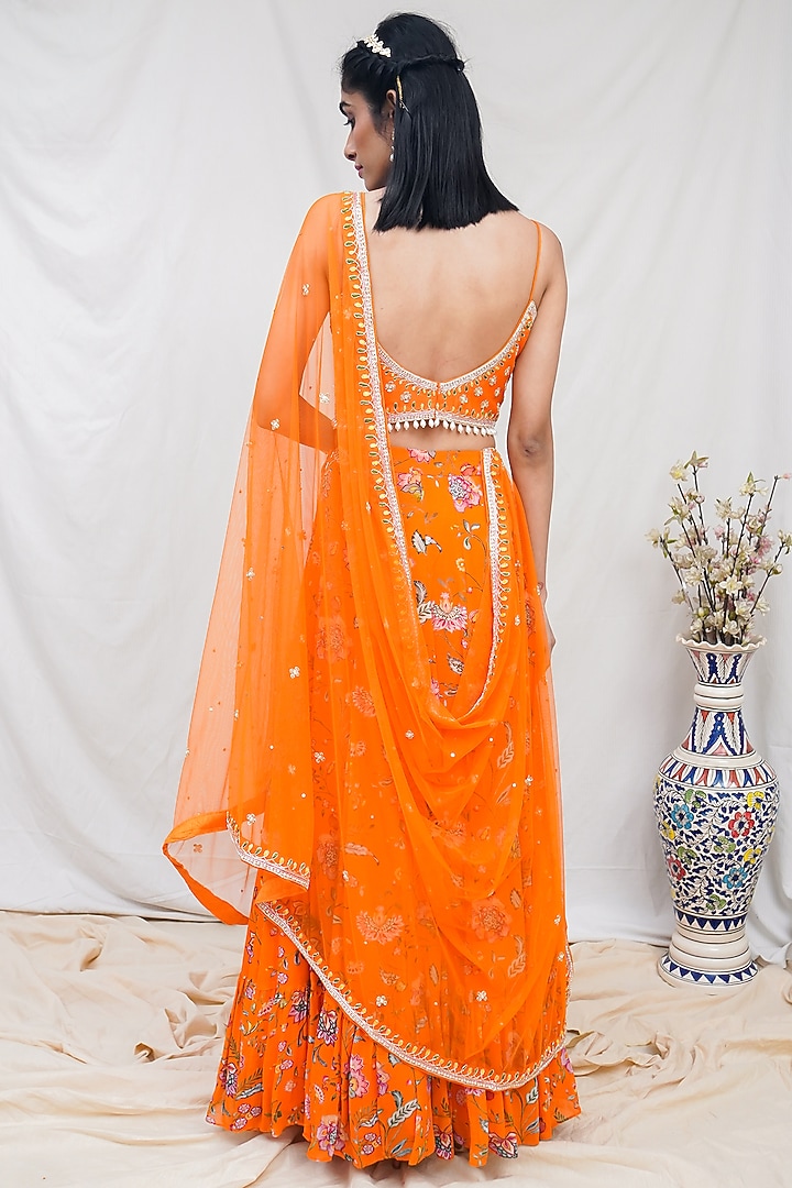 Orange Floral Printed Wedding Lehenga Set by Krupa Kapadia at Pernia's Pop Up Shop